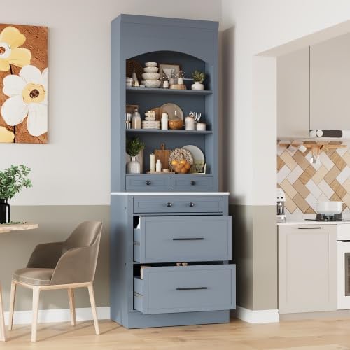 83.7Inch Tall Kitchen Pantry Cabinet, Freestanding Kitchen Pantry with Faux Marble Top, Corner Cabinet with 5 Storage Drawers and Adjustable Shelf, Gray