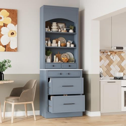 83.7Inch Tall Kitchen Pantry Cabinet, Freestanding Kitchen Pantry with Faux Marble Top, Corner Cabinet with 5 Storage Drawers and Adjustable Shelf, Gray
