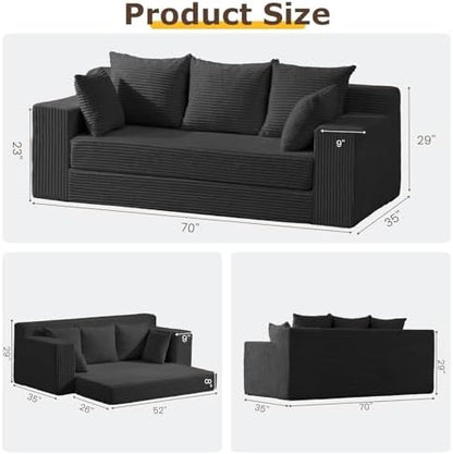 3 Seater Couch for Living Room, Convertible Futon Sofa Bed Comfy Pull Out Couch with 5 Pillows & Detachable Washable Cover, Upholstered Floor Sofa in A Box, No Assembly Required, Black