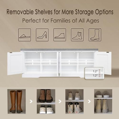 DINZI LVJ Shoe Storage Bench with Cushion, Door, White 47.2" LX17.7 H | Entryway Bench, 2-Tier Cabinet Bench, Widened Cubby, Fully Adjustable Shelves for Boots, Easy Assembly, Farmhouse, Bedroom