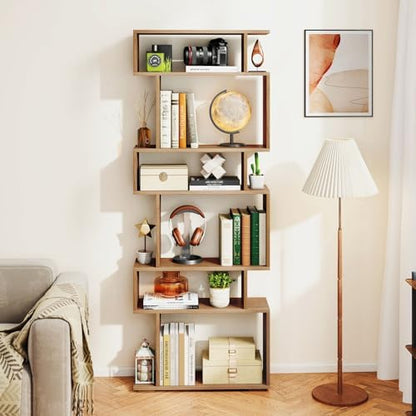 GIANTEX 6-Tier Geometric Bookshelves Set of 2, S-Shaped Bookcase with 2 Anti-Tipping Kits, Wooden Display Shelf, Decorative Storage Shelving Unit, Home Storage Organizer for Living Room, Natural