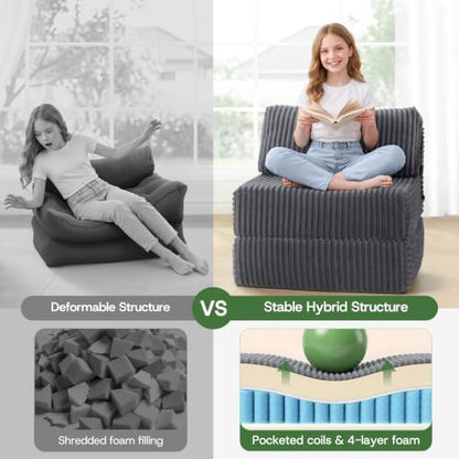 Convertible 4-in-1 Folding Sofa Bed Sleeper Chair Couch Foldable Chaise Lounger & Mattress Pocket Coils+Foam Fill Medium Support, No Assembly for Living Room/Bedroom, Single