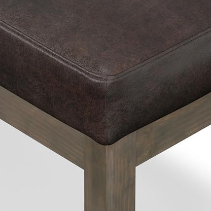 SIMPLIHOME Milltown 27" Wide Vegan Leather Ottoman in Distressed Brown | Contemporary ottoman with a cushioned seat for bedroom seating; rectangle footstool, footrest or bench.