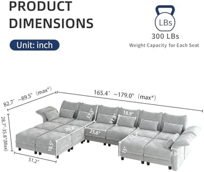 LLappuil 179" Oversized Modular Sectional Sofa with Storage Seat 12 Piece Large Sectional Couches for Living Room with Adjustable Arms Backs, Convert to U/L/Sleeper Sofa, Grey Chenille
