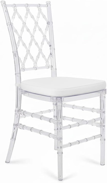FOHFurniture Set of 3 Clear Acrylic Chiavari Chairs with Cushions, Fully Assembled Transparent Crystal Dining Chair, Accent Event Ghost Chairs for Wedding Event Reception (Clear(Grid))