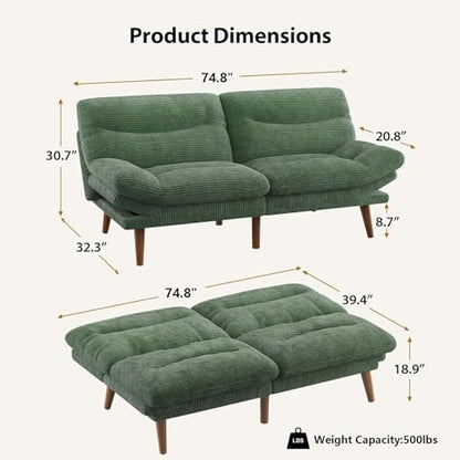 PERLECARE Convertible Futon Sofa Bed, 73" Corduroy Futon Couch with Adjustable Backrest and Armrests, 3-in-1Recliner Sleeper Sofa for Small Spaces, Play Room,Living Room or Office（73in,Green）