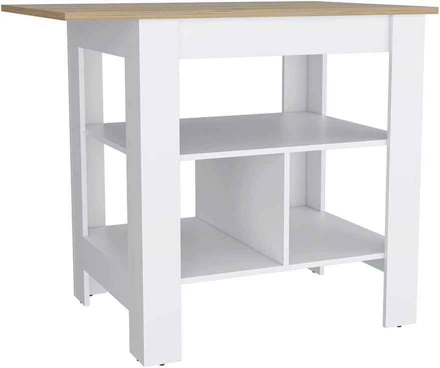 Modern Beige Kitchen Island with Resistant Top and Storage Shelves | Three low open shelves for extra storage space