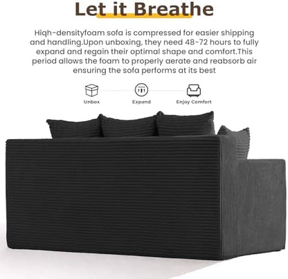 3 Seater Couch for Living Room, Convertible Futon Sofa Bed Comfy Pull Out Couch with 5 Pillows & Detachable Washable Cover, Upholstered Floor Sofa in A Box, No Assembly Required, Black