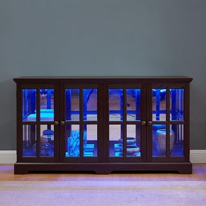 KEIKI Curio Cabinet, Lighted Glass Display Cabinet w/ 4 Glass Doors & Adjustable Shelves, Lighted Showcase with Light Strip, TV Stand, Cherry