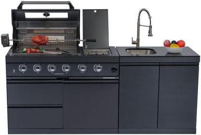 Premium Stainless Steel Outdoor Kitchen Island with Built-in Grill, Rotisserie, Wine Cooler, Granite Countertop and Storage