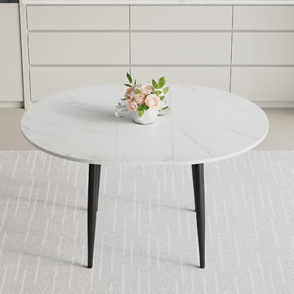 42"-54" Round to Oval Extendable Dining Room Table, White Faux Marble & Wood Grain Top with Black Metal Legs, Modern Round Dining Table for 4–6, Space-Saving Kitchen Table, Easy Assembly