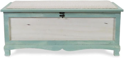 Pemberly Row Shabby-Chic Wood Bench Chest, Seafoam Green & Off White Finish, Cushioned Seat with Hinged Lift-Up Storage, Handcrafted Bedroom or Entryway Seating Organizer, Fully Assembled