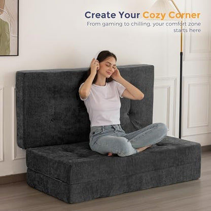 MAXYOYO 6" Folding Sofa Bed for Floor, Tufted Tri-Fold Floor Mattress | Queen Size Portable Sofa Couch Guest Mat with Chenille Fabric for Adults, Foldable Topper for Camping, Dark Grey, Queen