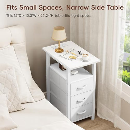Vagusicc White End Table with Charging Station, Narrow Side Table, Narrow Nightstand with 3 Fabric Drawers, Slim Sofa Side Table for Small Spaces, Small Night Stand for Bedroom, White