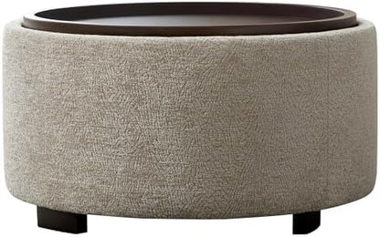 Zihanhome 30 Inch Round Storage Ottoman, Ottoman Coffee Table with Lift Off Lid, Boucle Modern Ottomans with Storage for Living Room, Bedroom, Apartments (Light Brown Striped)