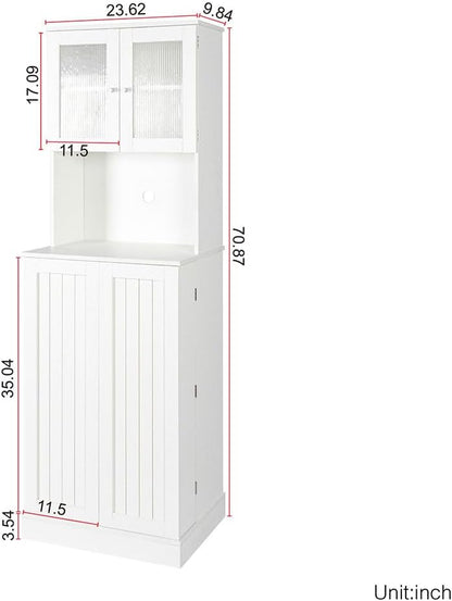 71" Kitchen Pantry Cabinet, Tall Storage Cabinet with Microwave Stand, Freestanding Farmhouse Pantry Cupboard Cabinet with Doors and Adjustable Shelves, for Kitchen, Dining Room, White