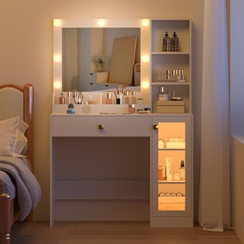 BORNOON Small Vanity Desk with Mirror and Lights, Makeup Vanity Desk with Adjustable Brightness 3 Light Modes, RGB Storage Cabinet, Power Outlet, Drawer, Shelves, Vanity Table for Women Girls Bedroom