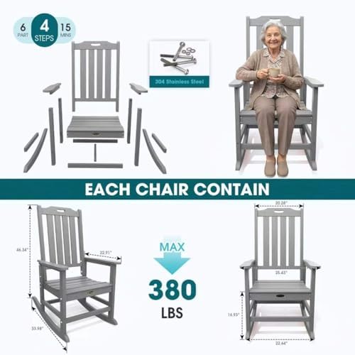 THOEOE Outdoor Rocking Chairs Set of 2, Oversized Patio Rocking Chair | HDPE Outdoor Rockers for Front Porch, Patio, Backyard, Balcony and Garden. All-Weather High Back Design, Gray