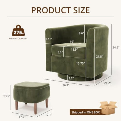 360° Swivel Accent Chair with Storage Ottoman Set of 2 | Small Modern Velvet Barrel Chair, Upholstered Armchair with Footrest for Living Room/Reading/Bedroom, Green