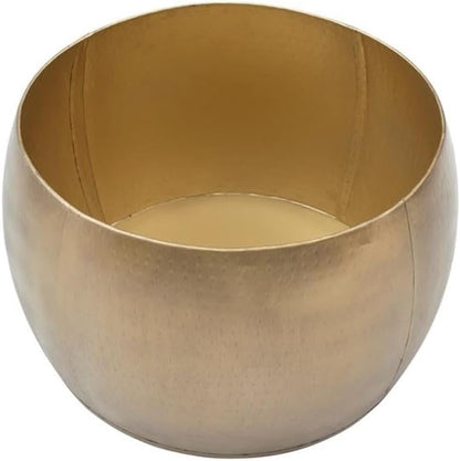 MAKLAINE Large Hammered Metal Drum Table with Storage, Brass Finish, Solid Mango Wood Top, 27.5 in Diameter, Handcrafted Accent Table for Living Room or Bedroom Use