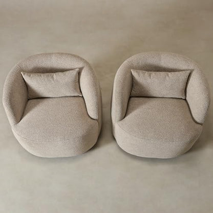 KINWELL 34" W Boucle Swivel Barrel Chairs with Pillow Set of 2, Taupe | No Assembly Round Sherpa Upholstered Armchairs Accent Chairs Single Sofa Chairs with Toss Pillow for Living Room and Bedroom