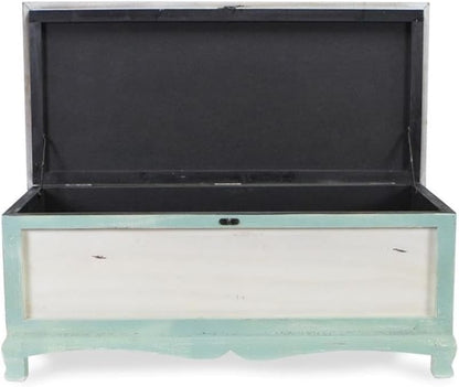 Pemberly Row Shabby-Chic Wood Bench Chest, Seafoam Green & Off White Finish, Cushioned Seat with Hinged Lift-Up Storage, Handcrafted Bedroom or Entryway Seating Organizer, Fully Assembled