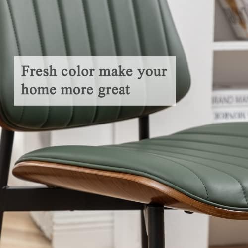 LUNLING Dining Chairs Set of 2 Mid Century Modern Retro Faux Leather Chair with Walnut Bentwood Upholstered Seat Metal Legs Chairs,Adjustable Foot for Kitchen Dining Room Chairs(Green)