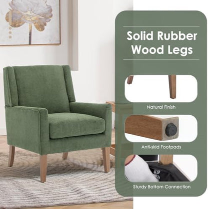 COLAMY Modern Wingback Living Room Chair, Upholstered Fabric Accent Armchair, Single Sofa Chair with Lounge Seat and Wood Legs for Bedroom/Office/Reading Spaces, Green