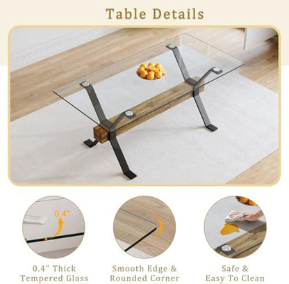 71" Glass Dining Table Set for 6, Modern Dining Table Set for 6, 0.4" Thick Tempered Glass Tabletop with Matte Black Metal Legs and Wooden Crossbar, 6 PU Chairs for Dining Room, Kitchen
