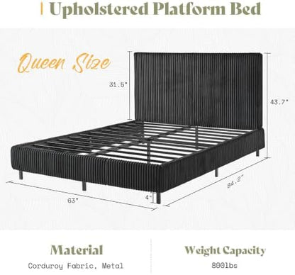 AMERLIFE Queen Bed Frame, Upholstered Metal Platform Bed, Black