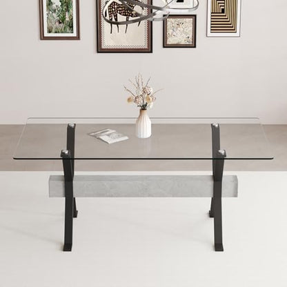 Glass Dining Table 71"｜Modern Dining Table for 6｜0.4" Thick Tempered Glass Top｜Matte Black Metal Legs｜Grey Crossbar｜Easy Assembly｜Perfect for Dining Room or Kitchen