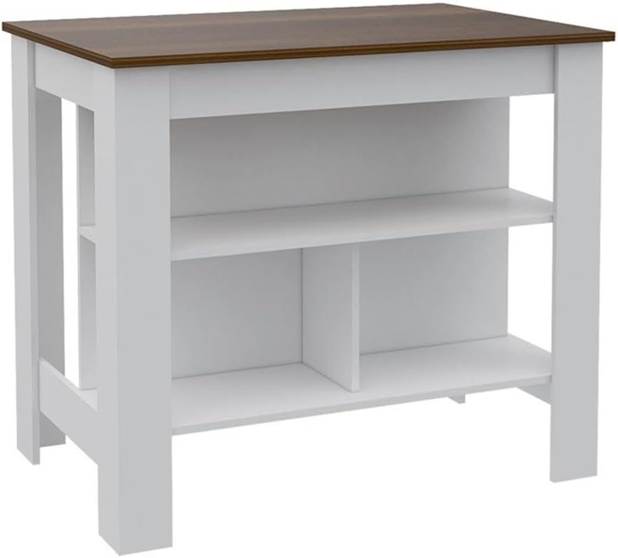 Tuhome Furniture Cala Modern Engineered Wood Kitchen Islands with Large Table Top & 3 Storage Shelves, Easy Assembly, in White/Walnut Finish