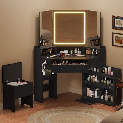 HAUOMS Corner Vanity Desk with Mirror Lights & Storage Bench, Black | Makeup Vanities with Drawers & Rotating Shelves, Power Outlet, 3 Light Settings, Dimmable for Women Girls