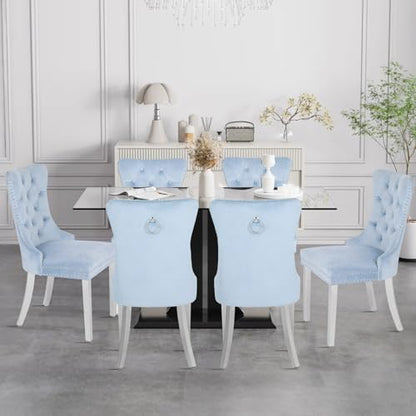 Velvet Dining Chairs Set of 4,Upholstered Dining Room Chairs with Stainless Steel Legs,Modern Luxury Kitchen Accent Chair with Button Tufted High Back,Pull Ring,Nailhead Trim,Light Blue