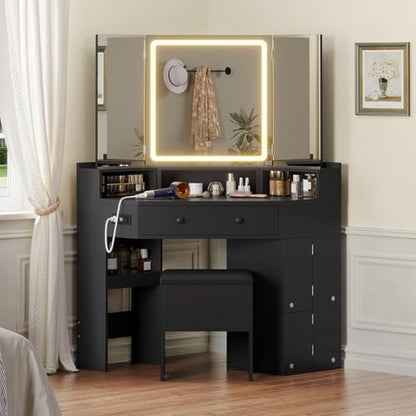 HAUOMS Corner Vanity Desk with Mirror Lights & Storage Bench, Black | Makeup Vanities with Drawers & Rotating Shelves, Power Outlet, 3 Light Settings, Dimmable for Women Girls