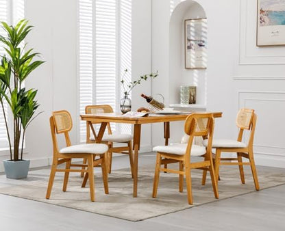 Shunzhi Rattan Dining Chairs Set of 4, Upholstered Farmhouse Dining Room Chairs with Back, Mid Century Modern Kitchen Chairs, Wooden Boho Side Chair for Restaurant, White Sherpa