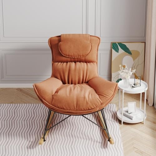 Single Rocking Chair with Ottoman for Adult, Accent Armchair for Balcony Lounge, Breathable Lounge Sofa with Removable Washable Cushion, Brown