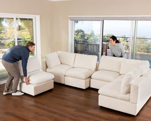 VANOMi Sectional Sofa with Convertible Sleeper Modular Couch,Chenille,Beige | Convertible,Washable,Removable Cover,Modern,Comfortable
