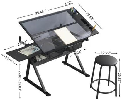 Litex Adjustable Drafting Table with Stool, Glass Top Art Desk for Drawing & Painting, 0–75° Tilting Tabletop, Height Adjustable Craft Desk with Storage Drawers for Home Office Studio (Black)
