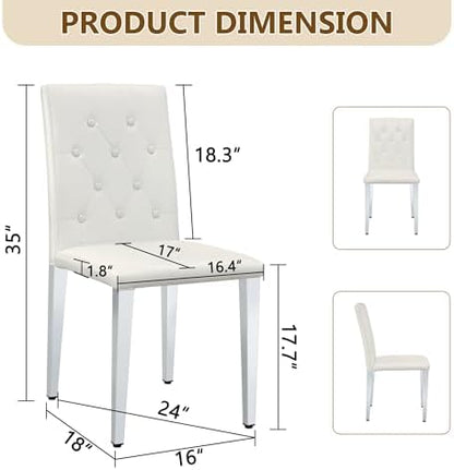 White Dining Chairs Set of 4, Faux Leather, Silver Metal Legs | Button-Tufted Upholstered Parsons Chairs with Padded Seats for Dining Room, Kitchen, Apartment, or Restaurant Use