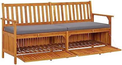 67 Inch Outdoor Storage Bench, Solid Acacia Wood Garden Bench with Thick Cushion, 3-Seater Patio Seating for Terrace and Backyard, Large Rectangular Wooden Chest
