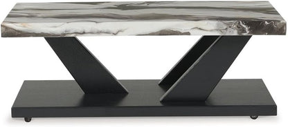 BOWERY HILL Coffee Table Set, 3-Piece, Faux White Marble Tops, Black Wood Frames, Built-in Casters, Includes 1 Coffee Table and 2 End Tables, Contemporary Living Room Furniture Set