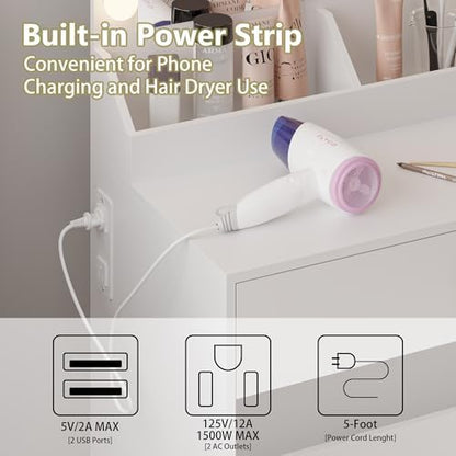 BORNOON Small Vanity Desk with Mirror and Lights, Makeup Vanity Desk with Adjustable Brightness 3 Light Modes, RGB Storage Cabinet, Power Outlet, Drawer, Shelves, Vanity Table for Women Girls Bedroom