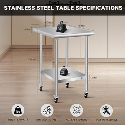 Stainless Steel Table with Wheels 24 x 18 Inch Commercial Stainless Steel Prep Table, Metal Table for Kitchen Restaurant Garage