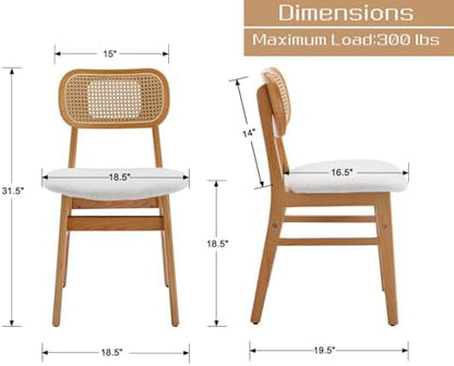 Shunzhi Rattan Dining Chairs Set of 4, Upholstered Farmhouse Dining Room Chairs with Back, Mid Century Modern Kitchen Chairs, Wooden Boho Side Chair for Restaurant, White Sherpa