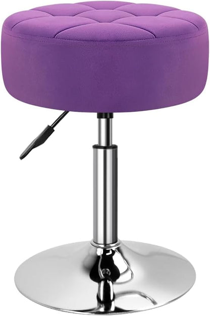 WKWKER Velvet Upholstered Vanity Stool Swivel Adjustable Makeup Stool for Makeup Room Small Round Ottoman for Living Room Makeup Chair for Bedroom SPA Salon Studio (Purple)