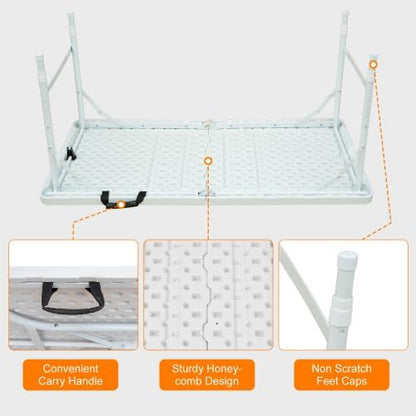 Folding Table 4FT, Heavy Duty Portable Plastic Folding Table with Handle, Anti-Slip Feet, Waterproof, Easy to Clean, Adjustable Height, 300LBS Capacity, Foldable for Indoor Outdoor Use(White)