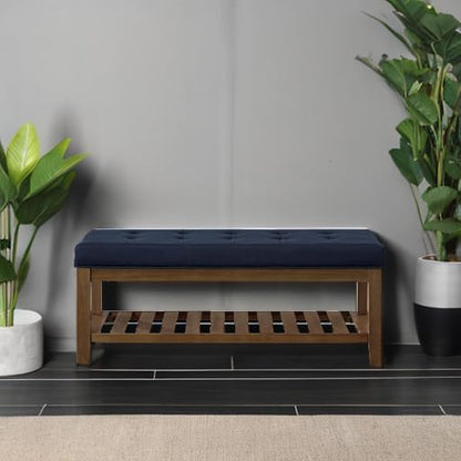 24KF Large Rectangular Upholstered Tufted Linen Fabric Ottoman Bench, Padded Bench with Solid Wood Shelf-Navy Blue