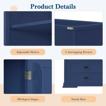 Merax 63 inch Kitchen Pantry Storage Cabinet, Freestanding Buffet Cabinet with Hutch, Drawers, Adjustable Shelves & Microwave Spot, for Dining Room, Kitchen, Blue