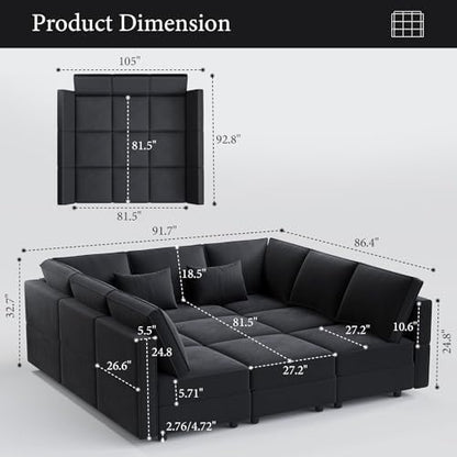 Vesgantti 92" 9 Seats Modular Sectional Sleeper Sofa with Storage, Black | FSC-certified hardwood frame, Pet-friendly velvet upholstery, Adjustable backrests and armrests, Two leg height options